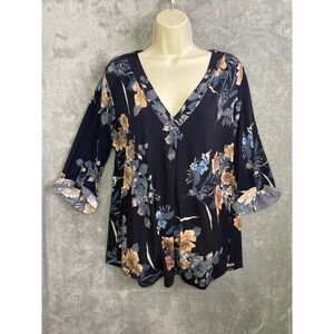 Beacon Apparel Women 2X Black Floral Print V Neck 3/4 Sleeve Top Blouse